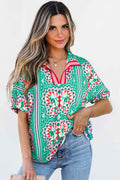 Sea Green Boho Abstract Print Contrast Striped Collared V Neck Blouse by Wild and Free Boutique