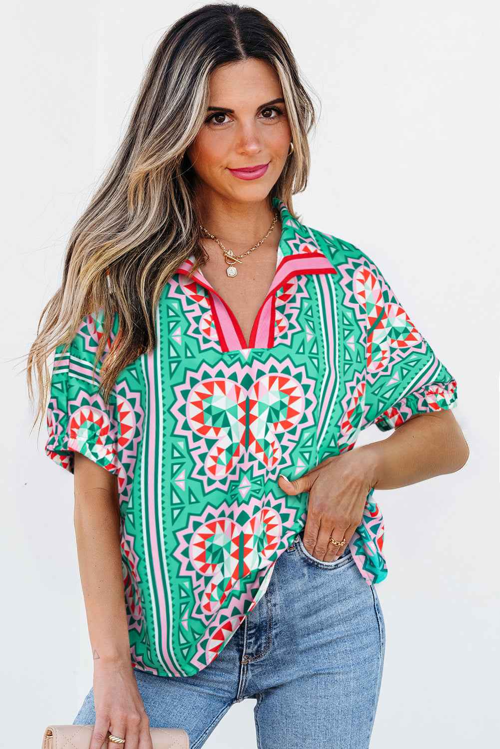 Sea Green Boho Abstract Print Contrast Striped Collared V Neck Blouse by Wild and Free Boutique