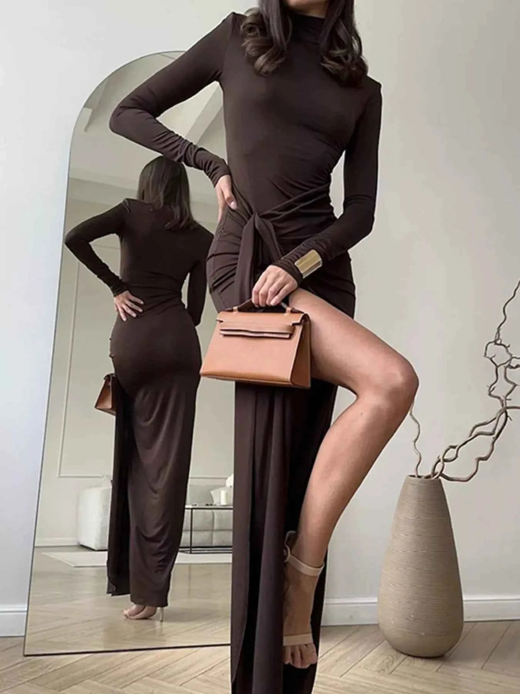 Turtleneck Long Sleeve Slit Maxi Dress