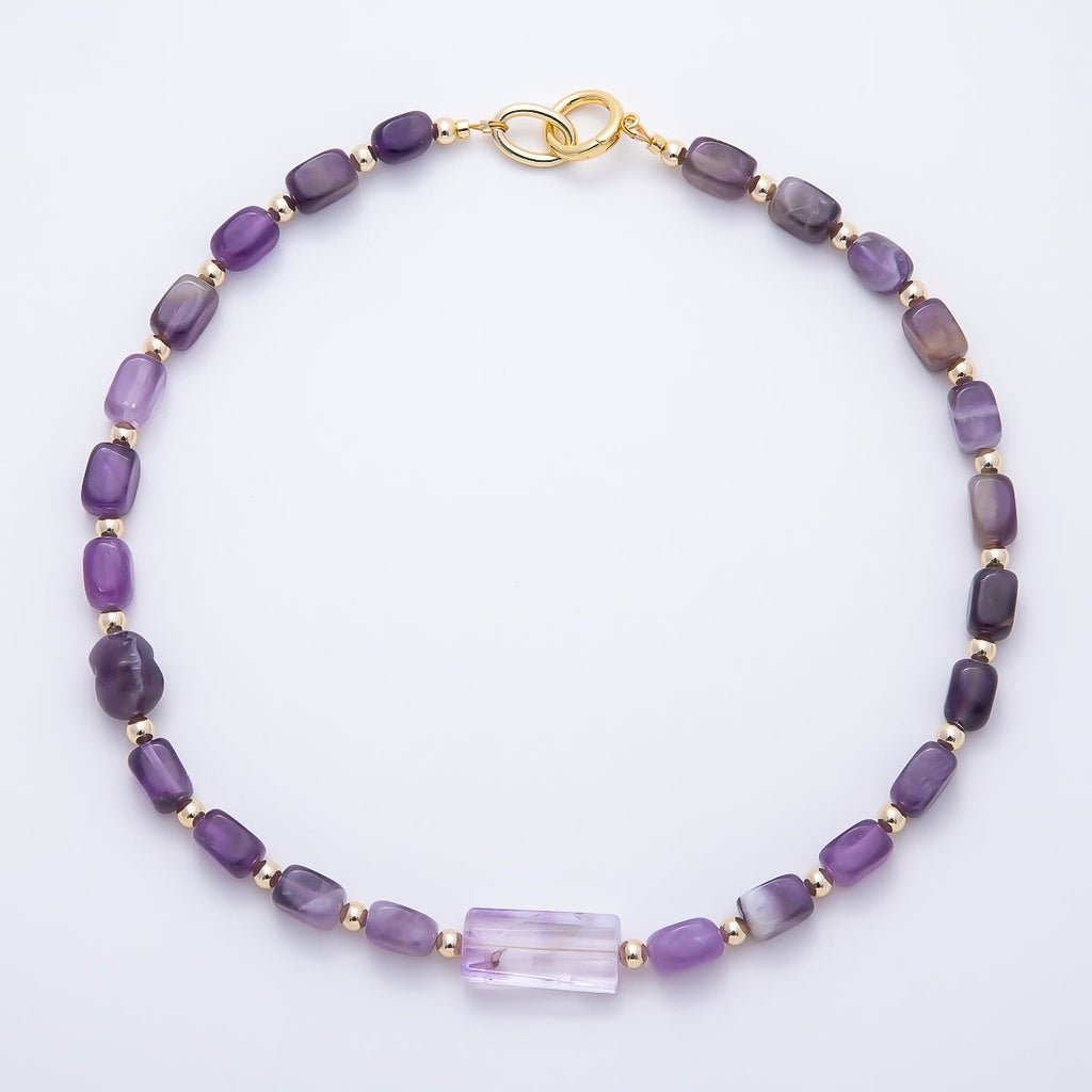 16K Gold Filled 12.5mm Amethyst Rectangle Gemstone Chain 19 Inch Necklace w. Dual Push Gate | WA-00570 by DLUXCA