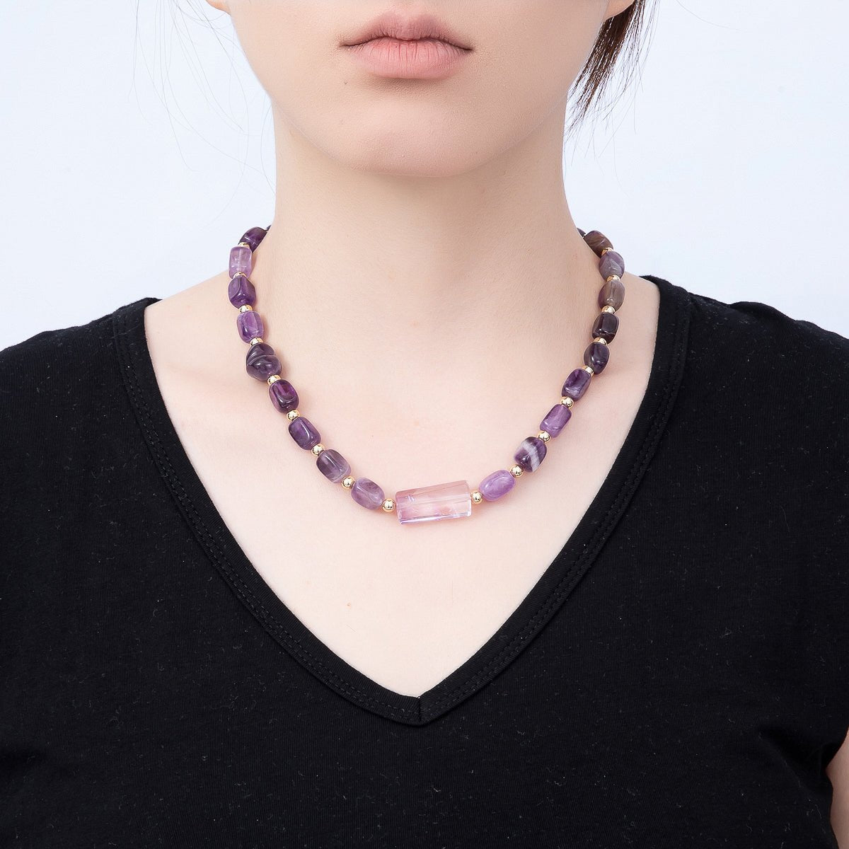 16K Gold Filled 12.5mm Amethyst Rectangle Gemstone Chain 19 Inch Necklace w. Dual Push Gate | WA-00570 by DLUXCA