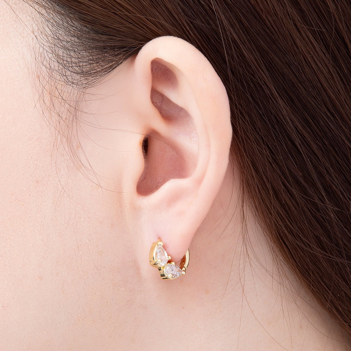 16K Gold Filled 13.5mm Double Clear CZ Teardrop Cartilage Huggie | Earrings-00756 by DLUXCA
