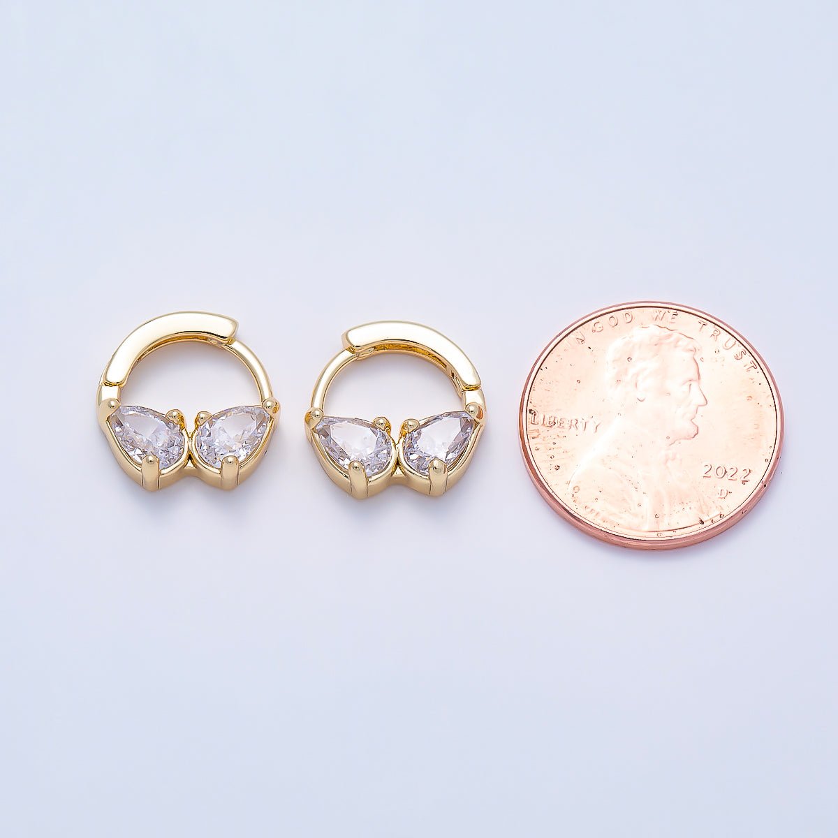 16K Gold Filled 13.5mm Double Clear CZ Teardrop Cartilage Huggie | Earrings-00756 by DLUXCA
