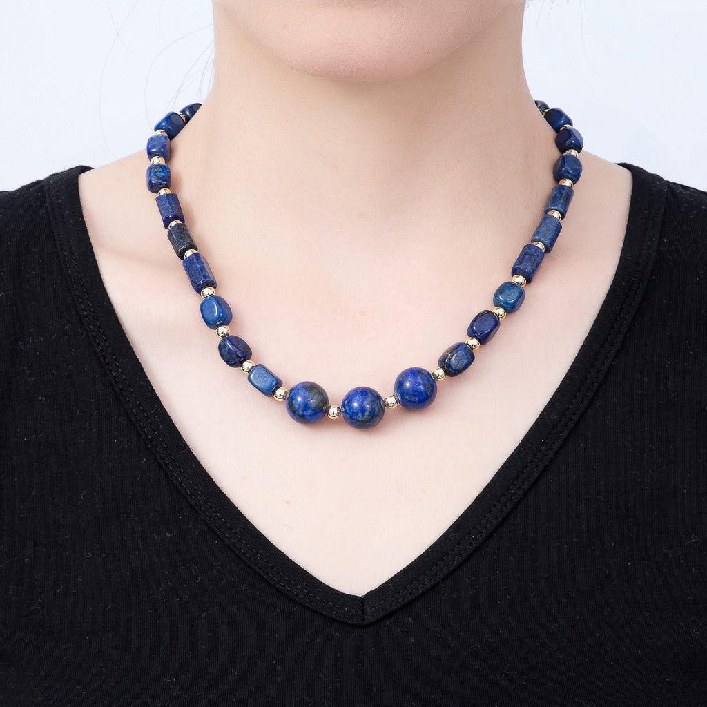 16K Gold Filled 14mm Lapis Lazuli Round Rectangle Gemstone Chain 19.5 Inch Necklace w. Dual Push Gate | WA-00564 by DLUXCA