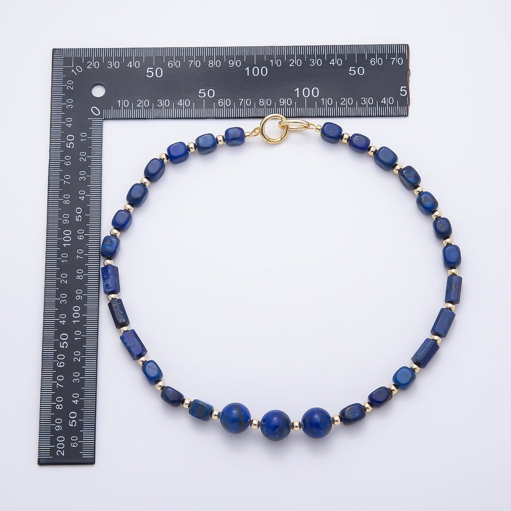 16K Gold Filled 14mm Lapis Lazuli Round Rectangle Gemstone Chain 19.5 Inch Necklace w. Dual Push Gate | WA-00564 by DLUXCA