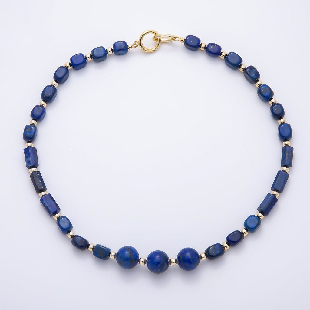 16K Gold Filled 14mm Lapis Lazuli Round Rectangle Gemstone Chain 19.5 Inch Necklace w. Dual Push Gate | WA-00564 by DLUXCA