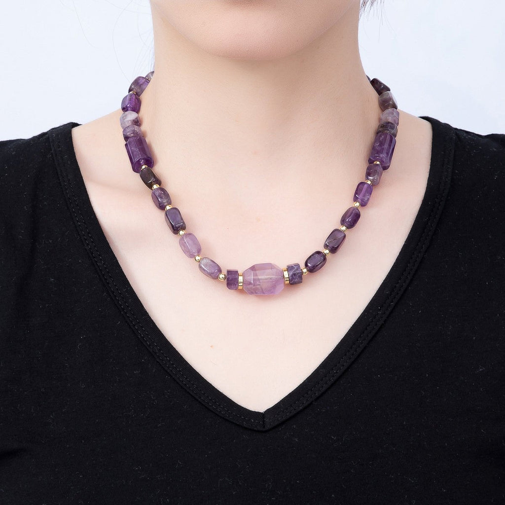 16K Gold Filled 15mm Amethyst Tube Rectangle Gemstone Chain 18.5 Inch Necklace w. Push Gate | WA-00391 by DLUXCA