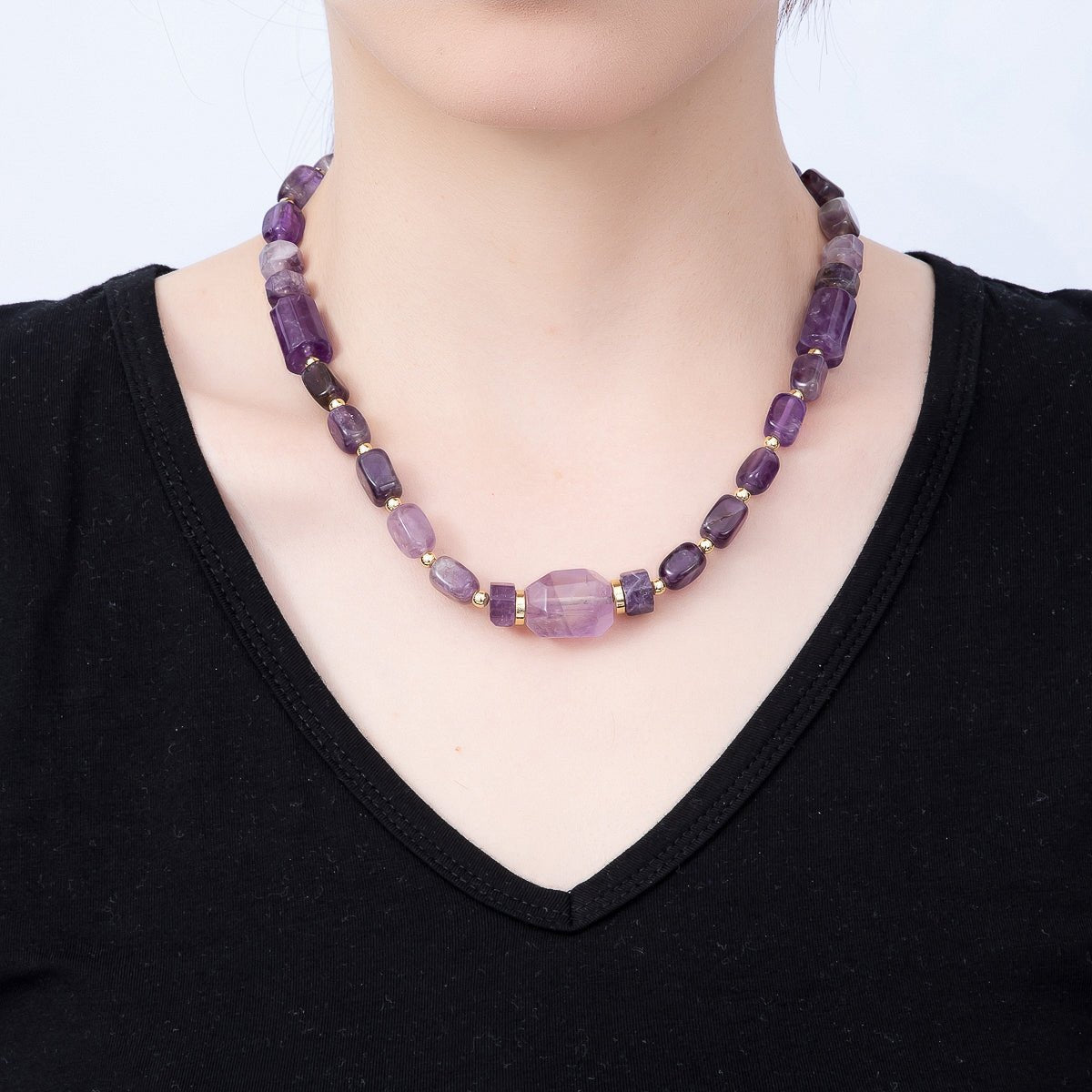 16K Gold Filled 15mm Amethyst Tube Rectangle Gemstone Chain 18.5 Inch Necklace w. Push Gate | WA-00391 by DLUXCA