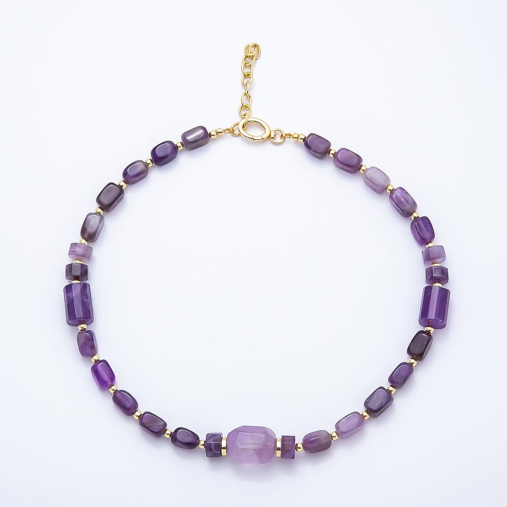 16K Gold Filled 15mm Amethyst Tube Rectangle Gemstone Chain 18.5 Inch Necklace w. Push Gate | WA-00391 by DLUXCA