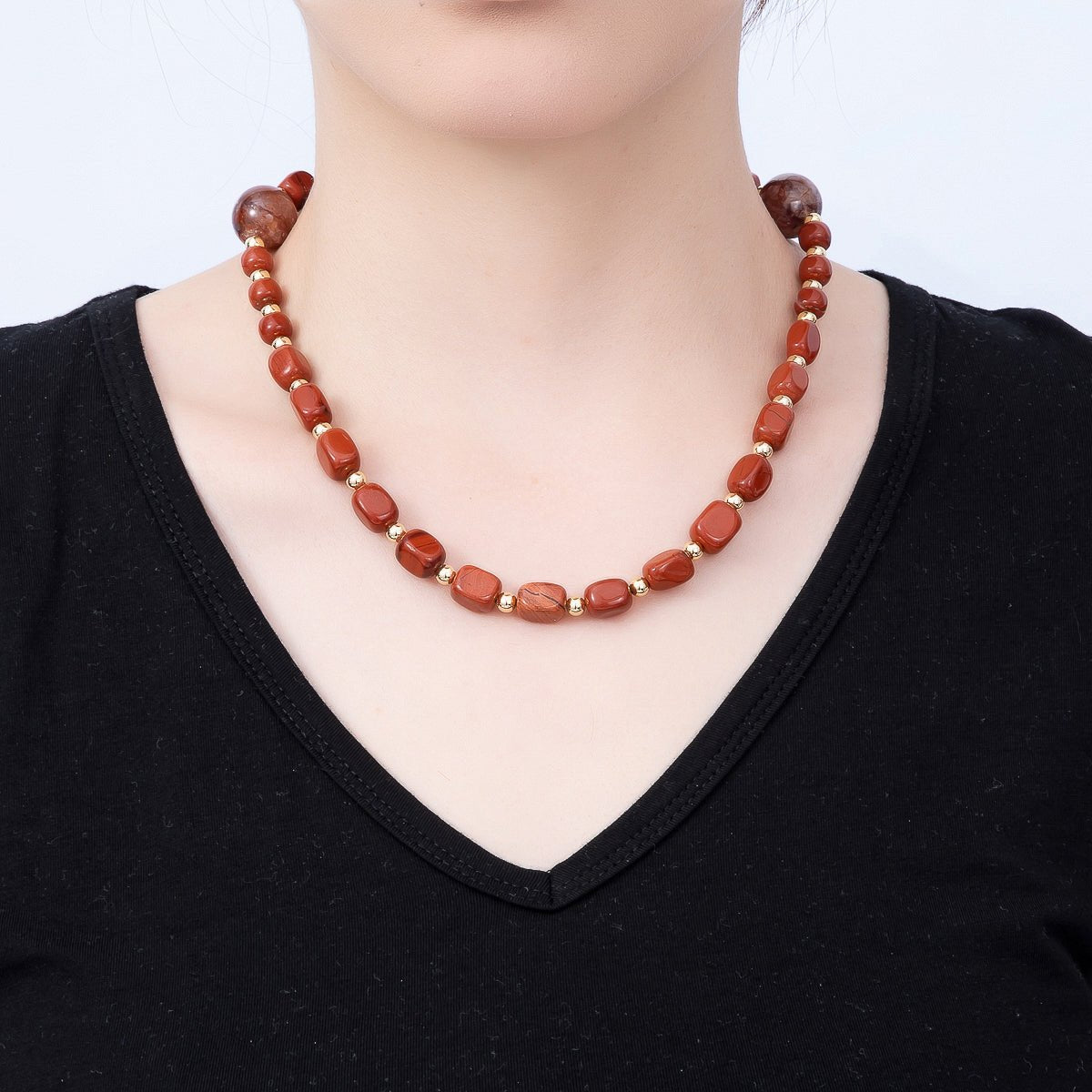 16K Gold Filled 16.5mm Carnelian Round Rectangle Gemstone Chain 19 Inch Necklace w. Dual Push Gate | WA-00537 by DLUXCA