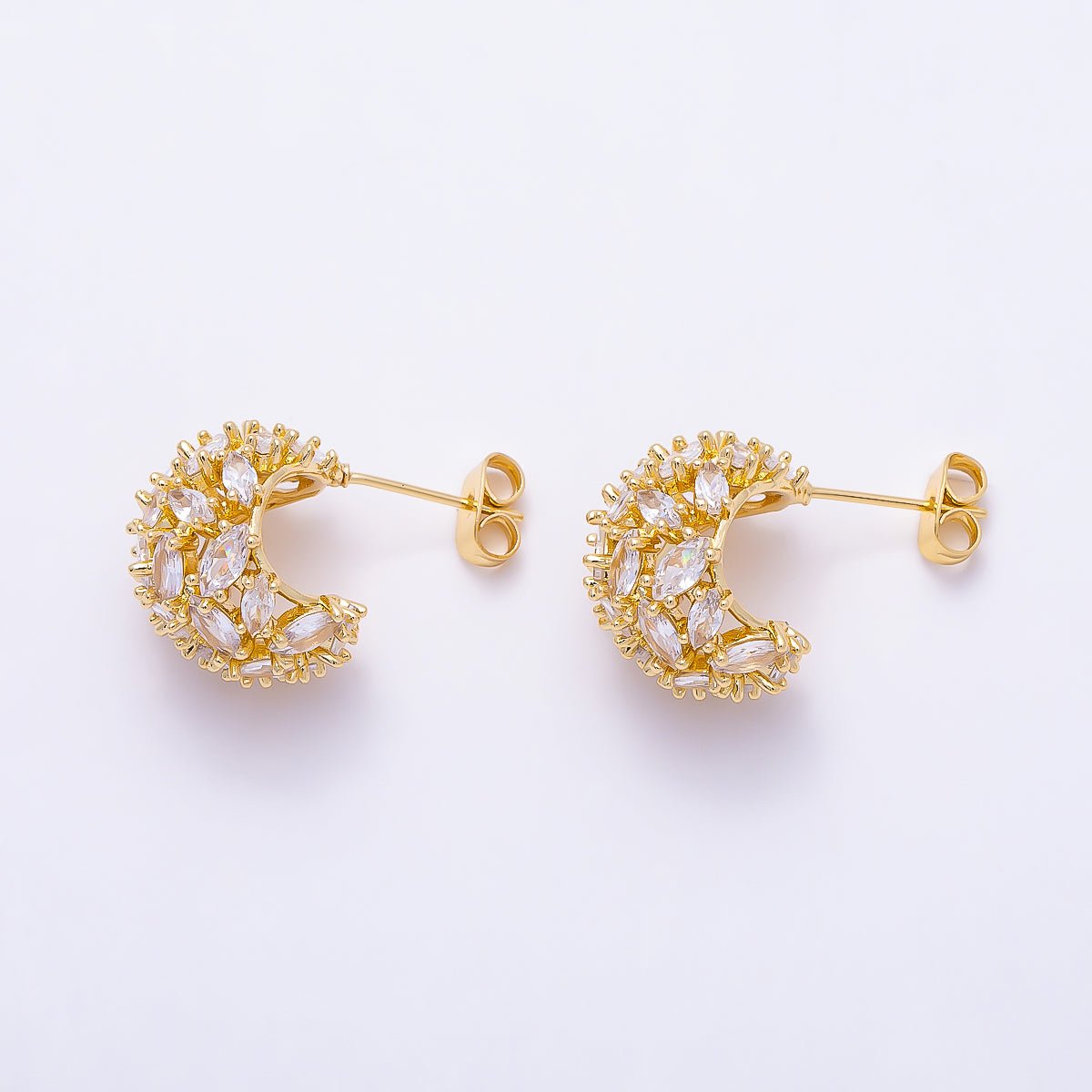 16K Gold Filled 16mm Clear CZ Marquise Cluster C-Shaped Dome Hoop | Earrings-00723 by DLUXCA