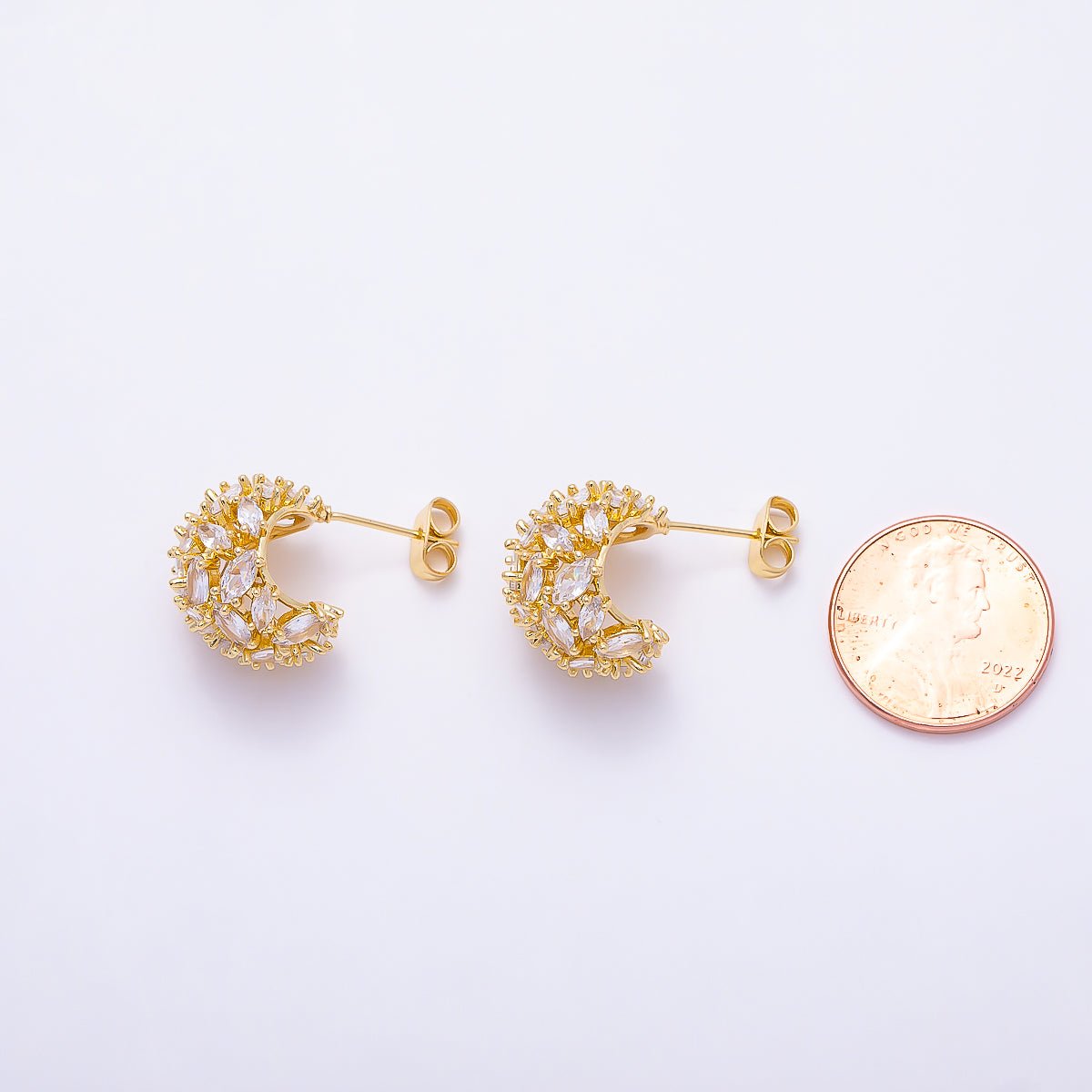 16K Gold Filled 16mm Clear CZ Marquise Cluster C-Shaped Dome Hoop | Earrings-00723 by DLUXCA