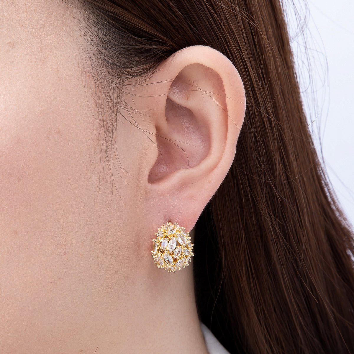 16K Gold Filled 16mm Clear CZ Marquise Cluster C-Shaped Dome Hoop | Earrings-00723 by DLUXCA