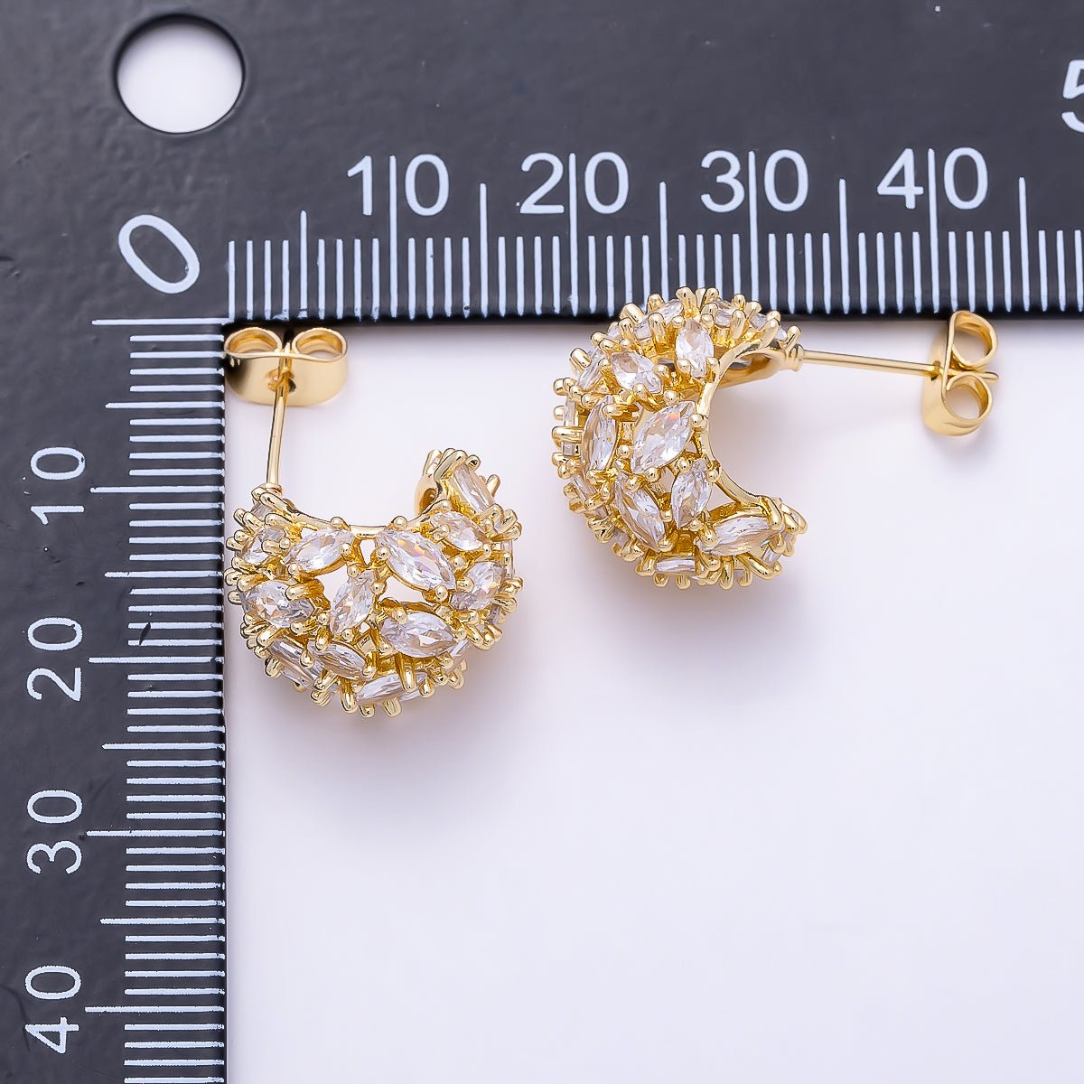 16K Gold Filled 16mm Clear CZ Marquise Cluster C-Shaped Dome Hoop | Earrings-00723 by DLUXCA