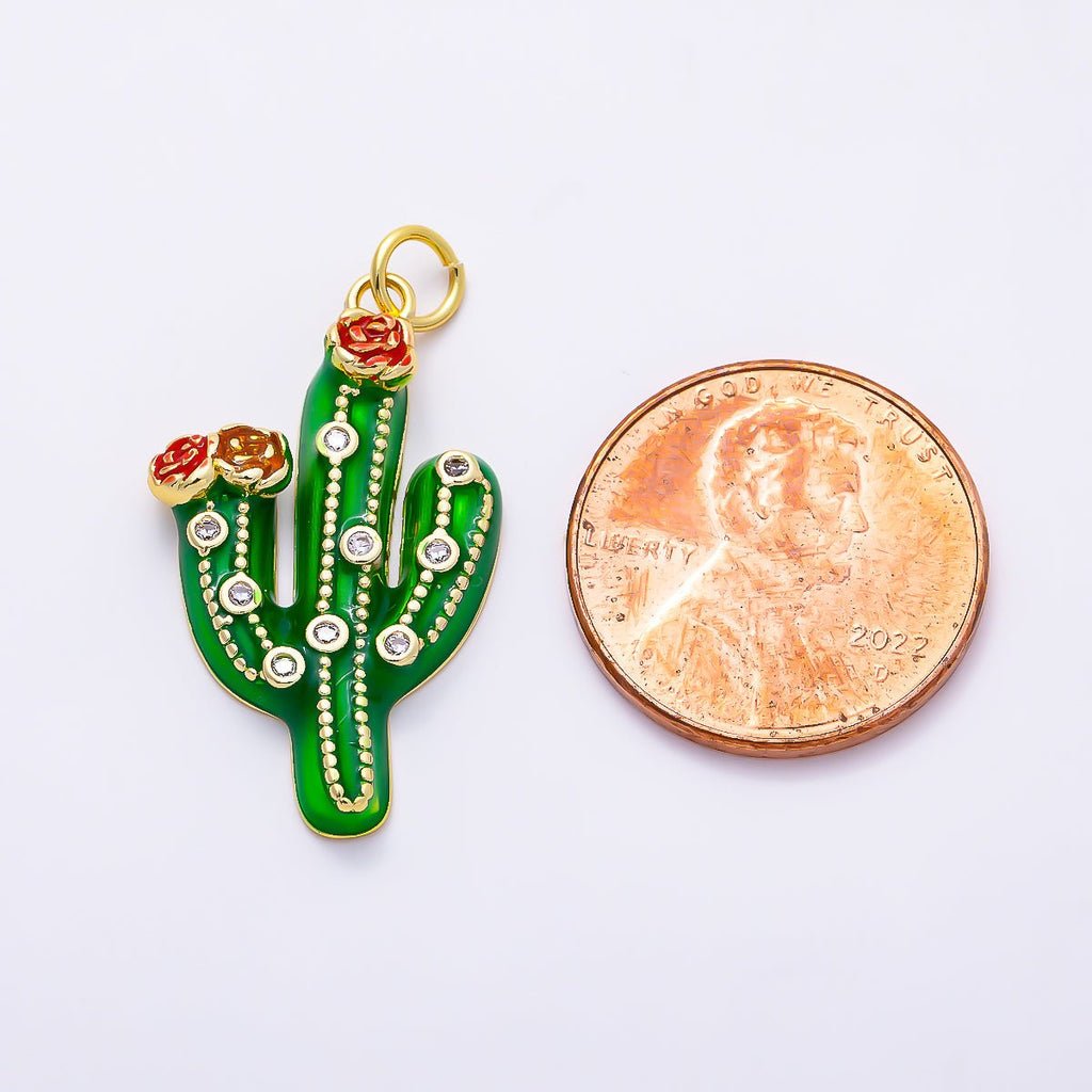 16K Gold Filled 27mm Clear CZ Plant Cactus Enamel Charm | Charms-01510 by DLUXCA