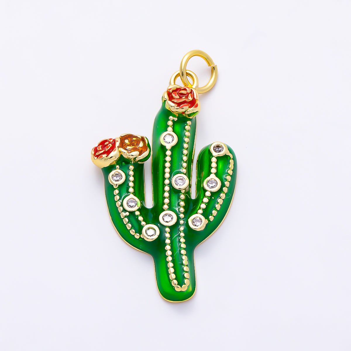 16K Gold Filled 27mm Clear CZ Plant Cactus Enamel Charm | Charms-01510 by DLUXCA