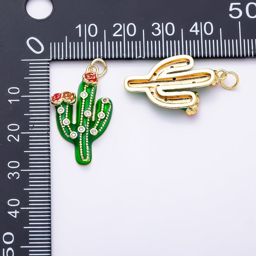 16K Gold Filled 27mm Clear CZ Plant Cactus Enamel Charm | Charms-01510 by DLUXCA