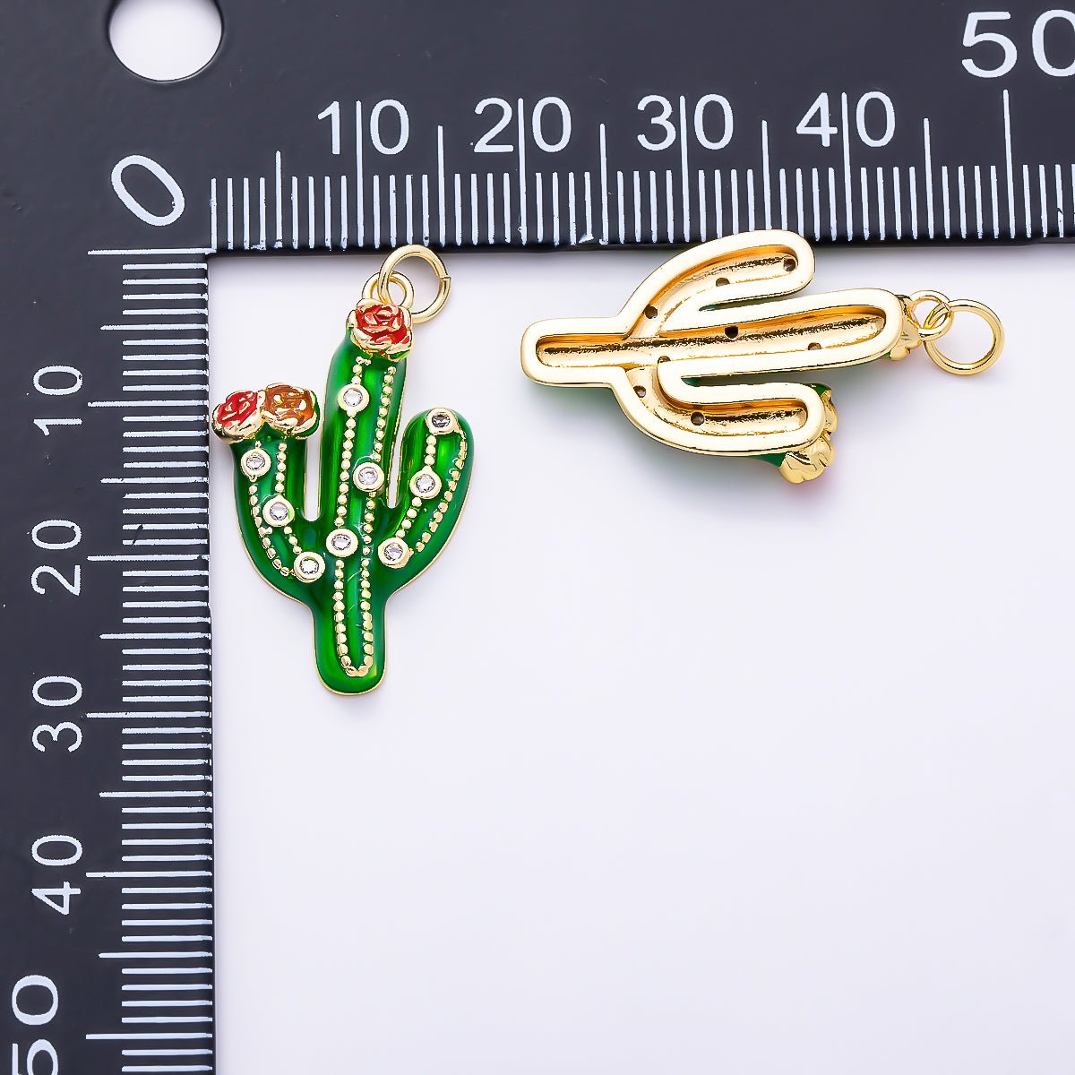 16K Gold Filled 27mm Clear CZ Plant Cactus Enamel Charm | Charms-01510 by DLUXCA