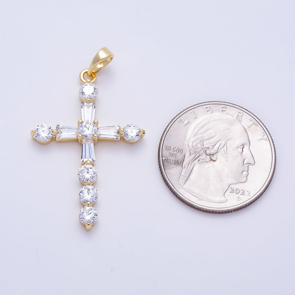 16K Gold Filled 35mm Clear CZ Baguette Round Religious Cross Pendant | Charms-01540 by DLUXCA