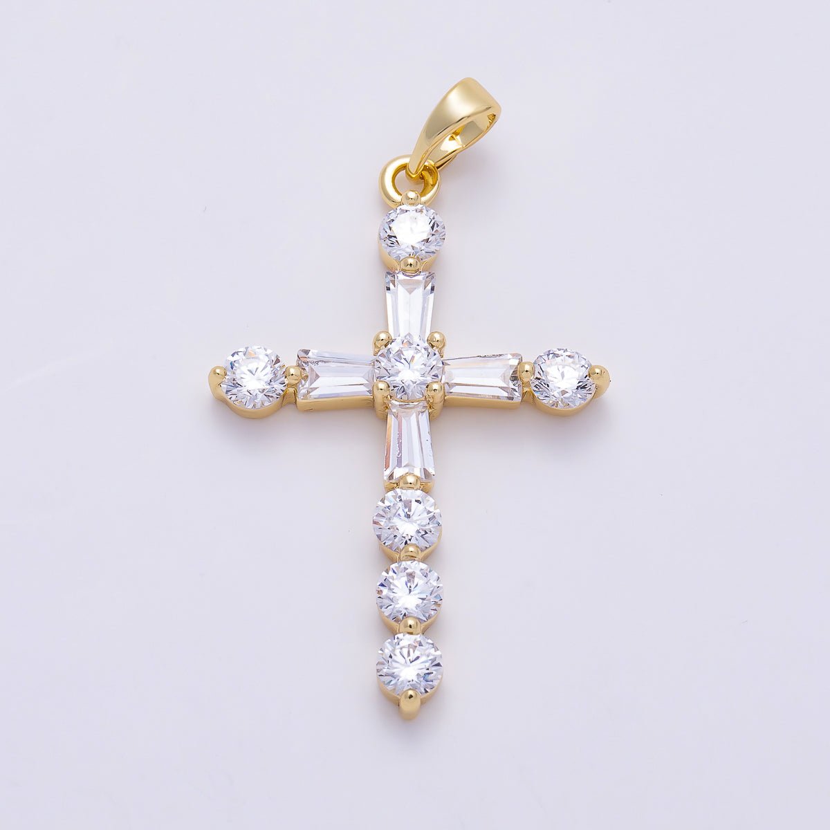 16K Gold Filled 35mm Clear CZ Baguette Round Religious Cross Pendant | Charms-01540 by DLUXCA