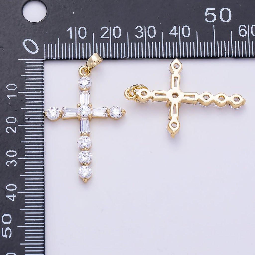 16K Gold Filled 35mm Clear CZ Baguette Round Religious Cross Pendant | Charms-01540 by DLUXCA