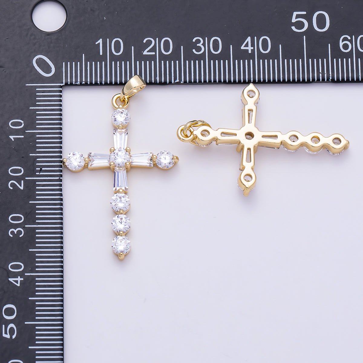 16K Gold Filled 35mm Clear CZ Baguette Round Religious Cross Pendant | Charms-01540 by DLUXCA