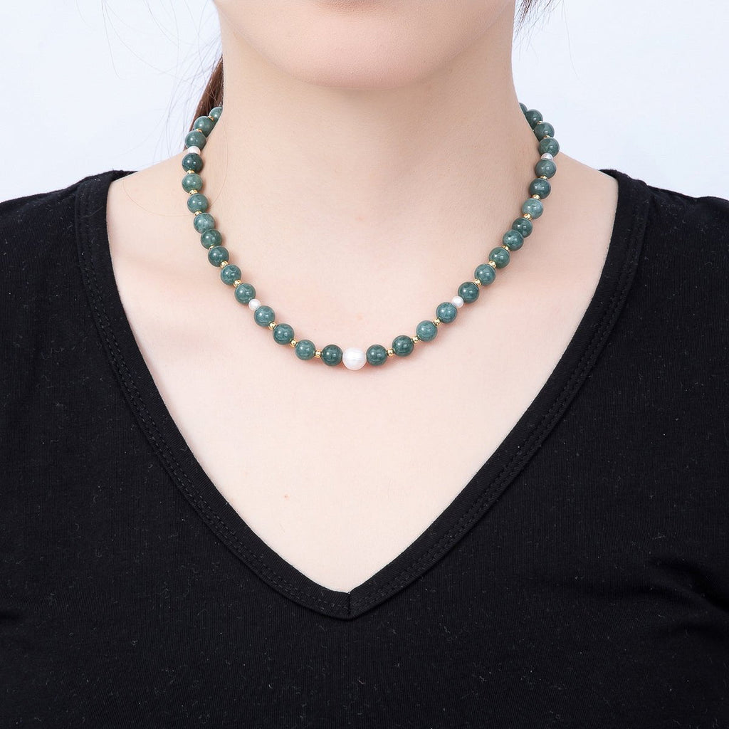 16K Gold Filled 4mm Shell Pearl Green Aventurine Bead Round Gemstone Chain 16.5 Inch Necklace | WA-00128 by DLUXCA