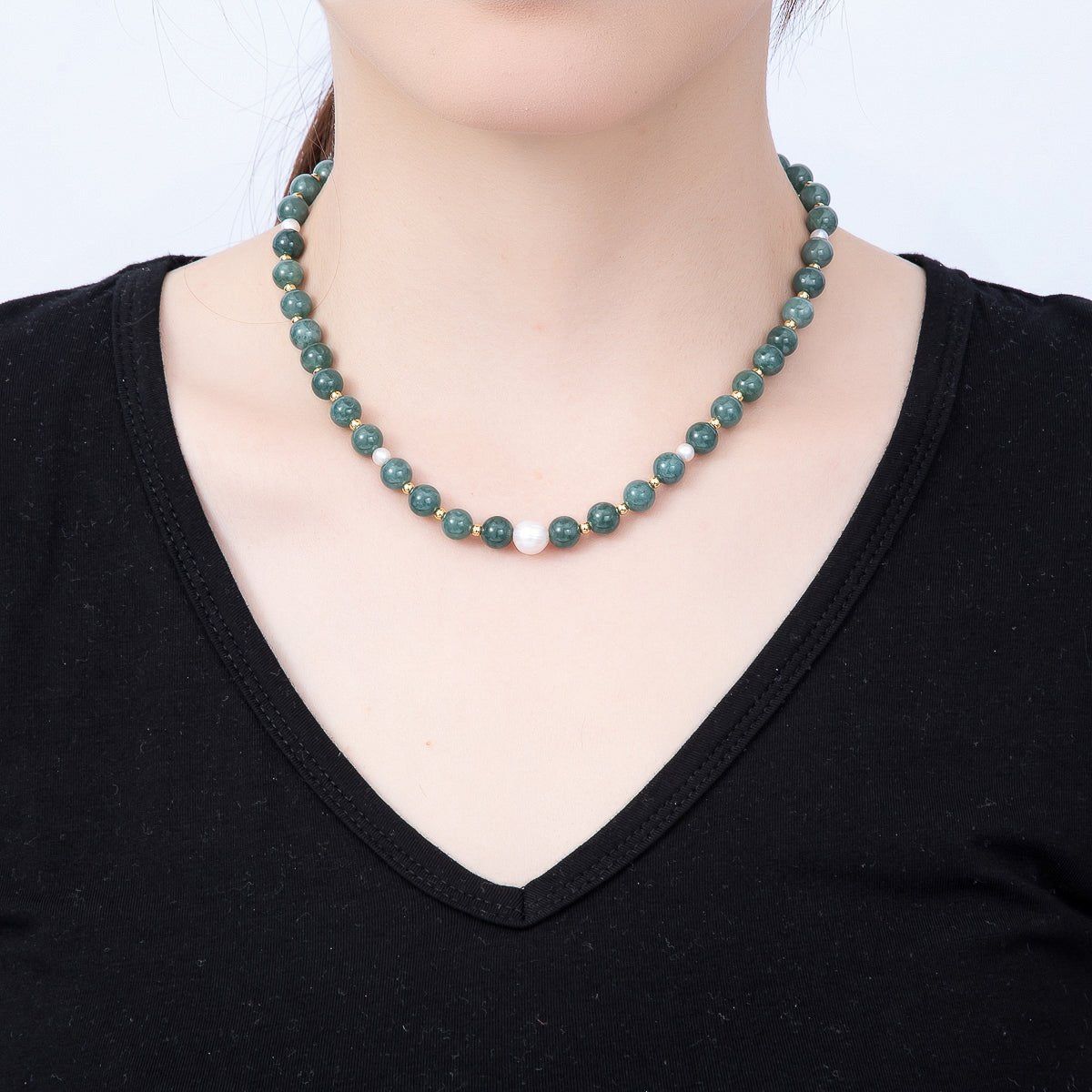 16K Gold Filled 4mm Shell Pearl Green Aventurine Bead Round Gemstone Chain 16.5 Inch Necklace | WA-00128 by DLUXCA