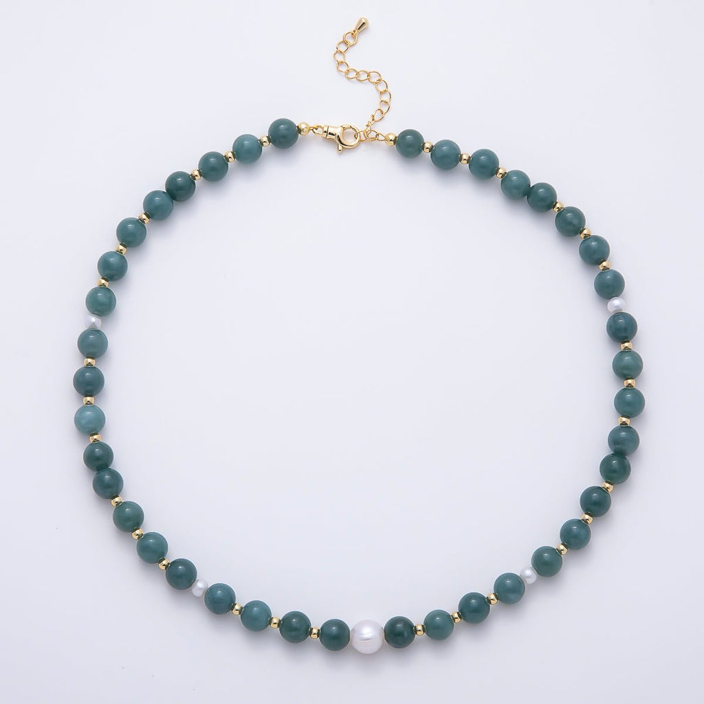 16K Gold Filled 4mm Shell Pearl Green Aventurine Bead Round Gemstone Chain 16.5 Inch Necklace | WA-00128 by DLUXCA