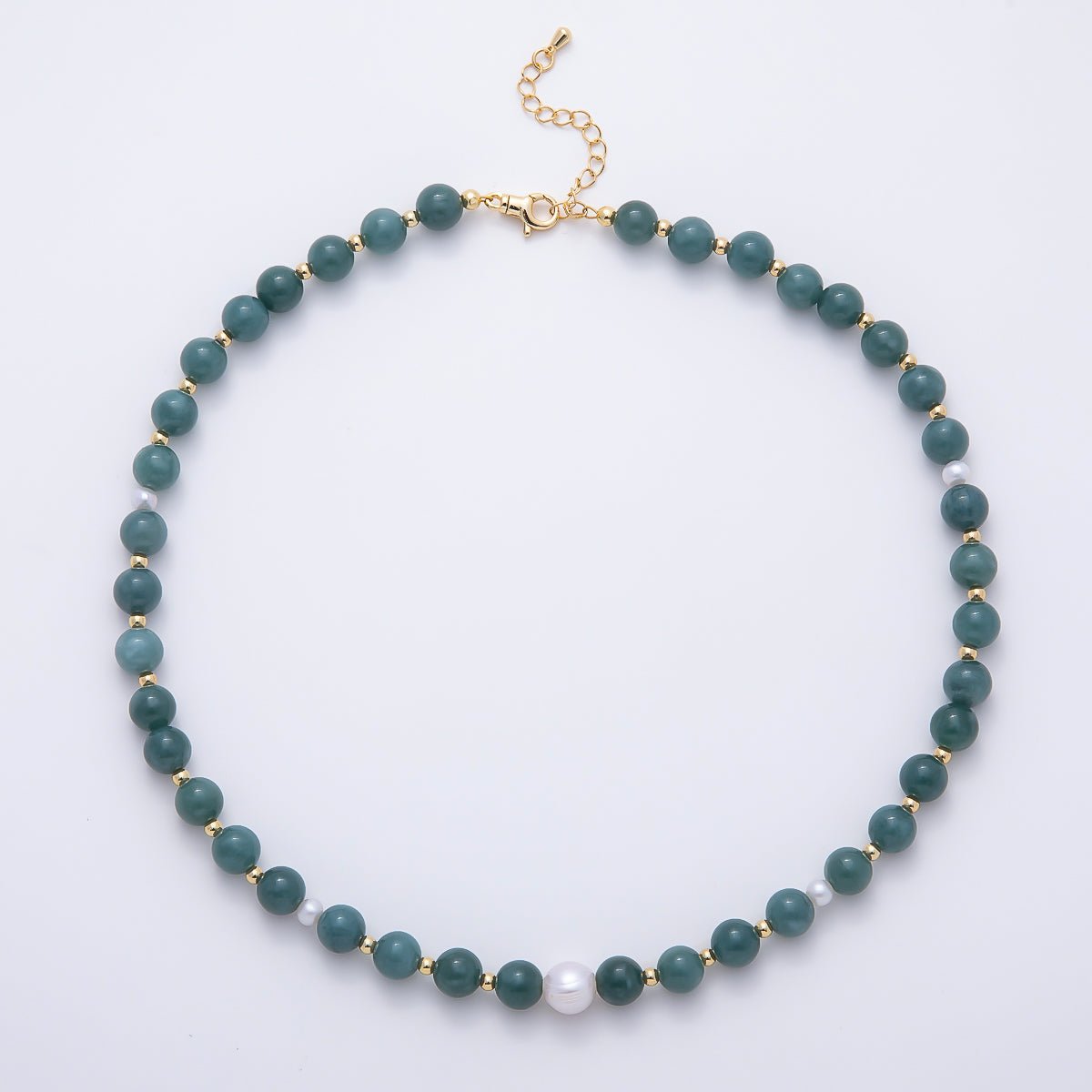 16K Gold Filled 4mm Shell Pearl Green Aventurine Bead Round Gemstone Chain 16.5 Inch Necklace | WA-00128 by DLUXCA