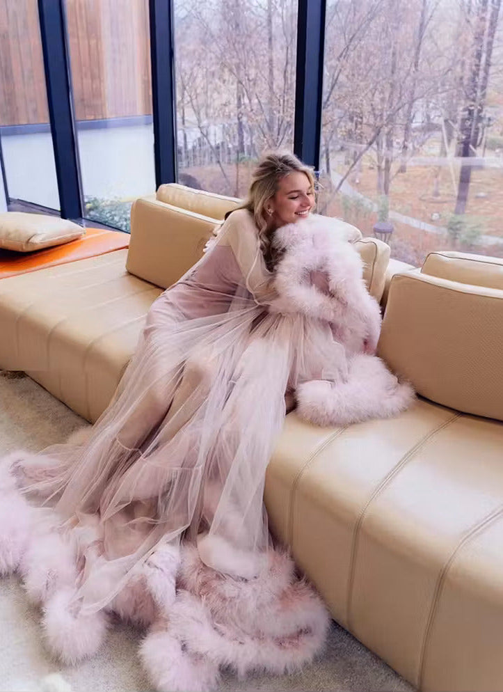 2-Layer Thick Feather Tulle Robe Set – Luxury Photoshoot / Holiday Glam Gown (Multi-Color) by SelenaHuanStudio