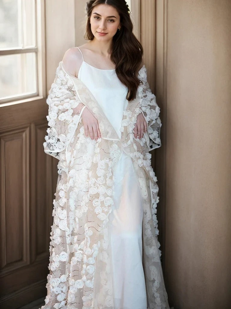 Ethereal 3D Floral Lace Bridal Robe – Elegant Sheer Wedding Cover-Up by SelenaHuanStudio