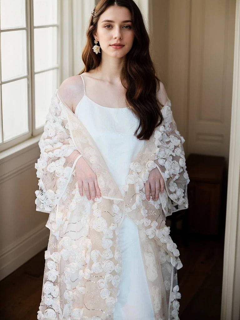 Ethereal 3D Floral Lace Bridal Robe – Elegant Sheer Wedding Cover-Up by SelenaHuanStudio