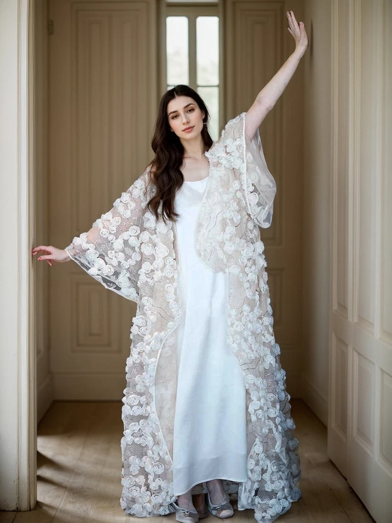 Ethereal 3D Floral Lace Bridal Robe – Elegant Sheer Wedding Cover-Up by SelenaHuanStudio