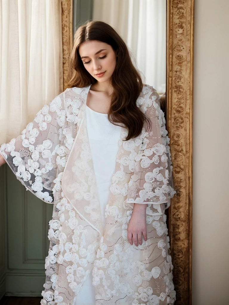Ethereal 3D Floral Lace Bridal Robe – Elegant Sheer Wedding Cover-Up by SelenaHuanStudio