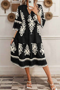 Black Western Geometric Print 3/4 Sleeve Loose Midi Dress by Wild and Free Boutique