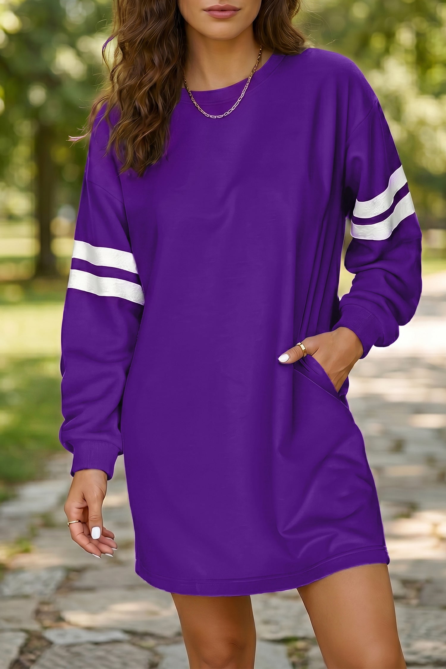 Fiery Red Varsity Contrast Banded Sleeve Shift Sweatshirt Dress by Wild and Free Boutique