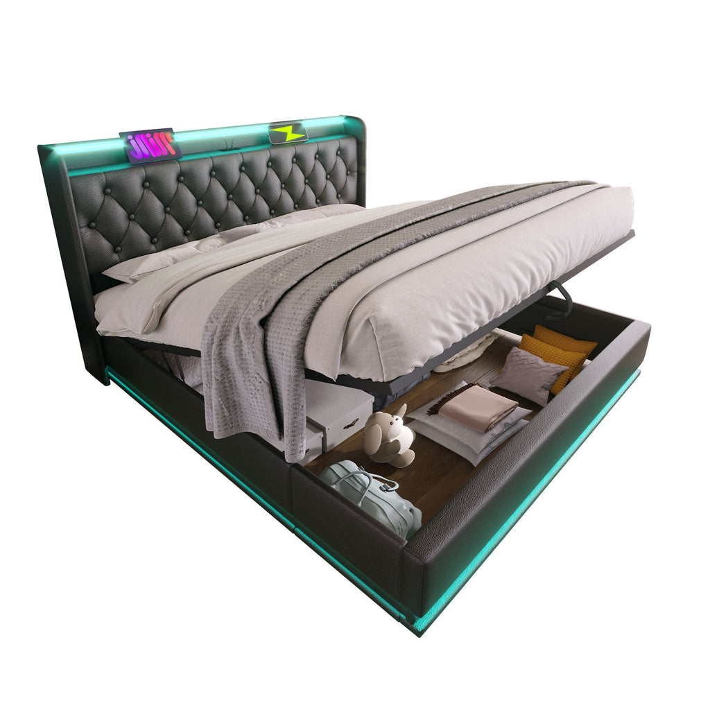 Upholstered Bed, 360 Surround LED Function, Remote Control, Hydraulic Storage Bed With USB, Type-C Charging (Without Mattress) by Unique Piece Furniture