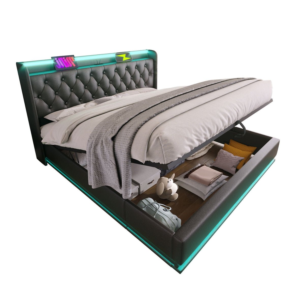 Upholstered Bed, 360 Surround LED Function, Remote Control, Hydraulic Storage Bed With USB, Type-C Charging (Without Mattress) by Unique Piece Furniture