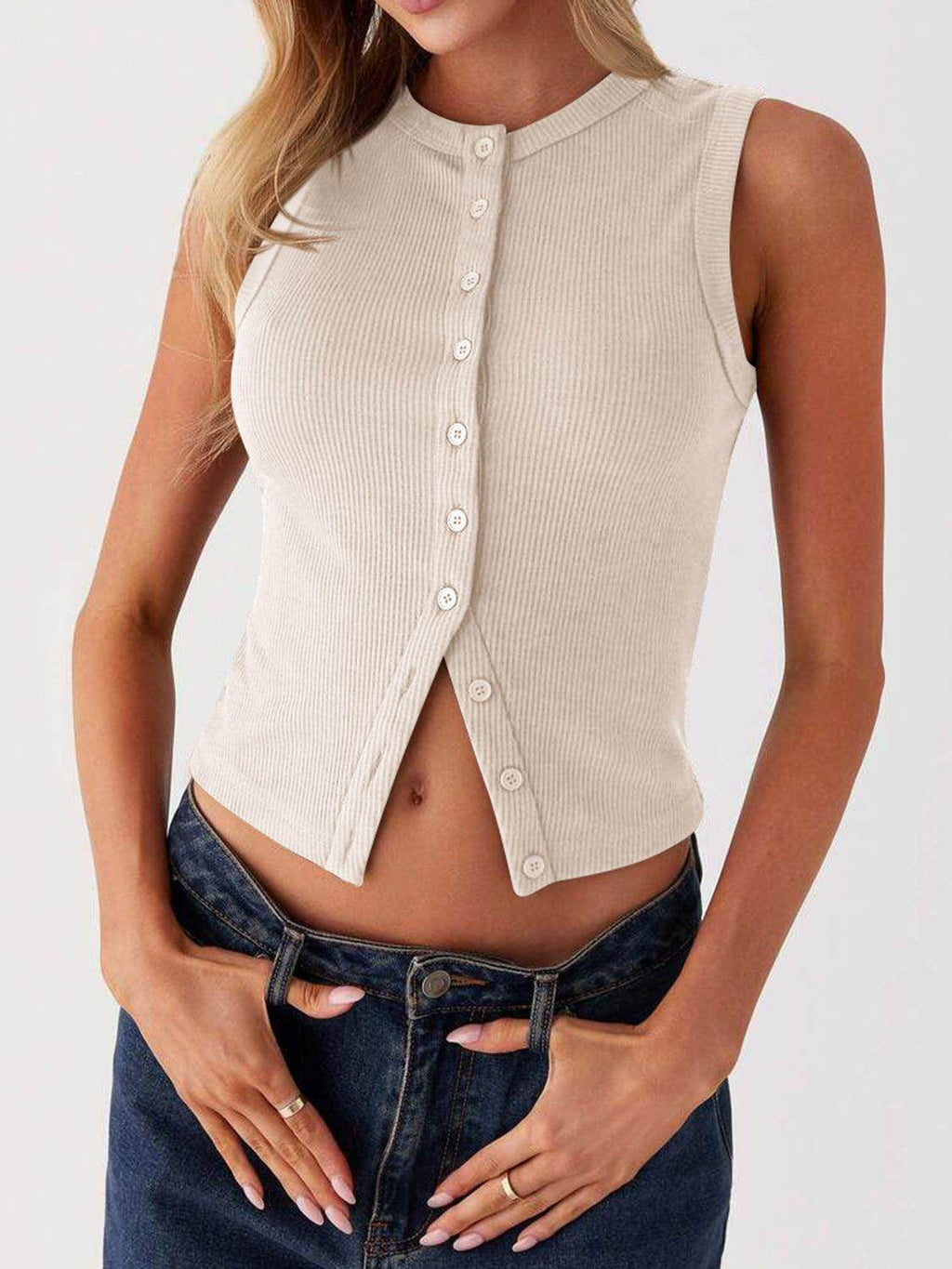Lovelet Button Up Round Neck Tank for Stylish Comfort by Selvanelle