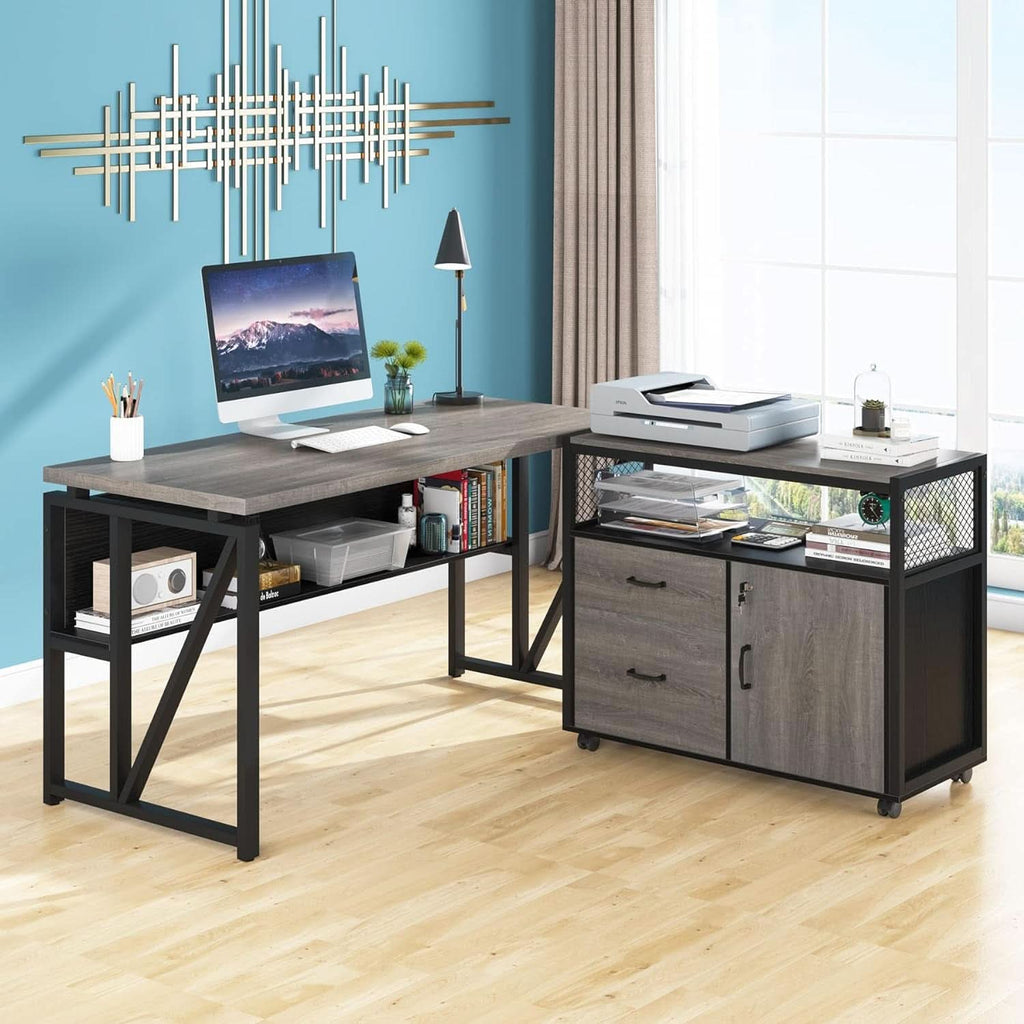 Gray L-Shaped Desk 55 Inch With Storage Cabinet For Office by ShipItFurniture