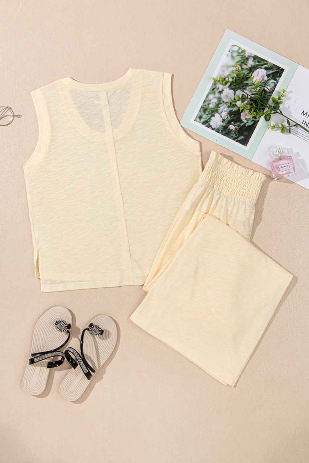 Beige Solid Color Tank Top and Smocked Waist Pants Set by Wild and Free Boutique