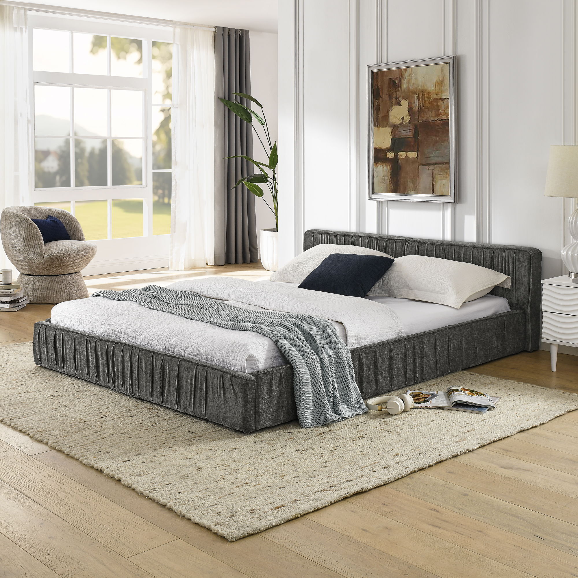 Modern Upholstered Platform Bed Frame With Pleated Design by Unique Piece Furniture