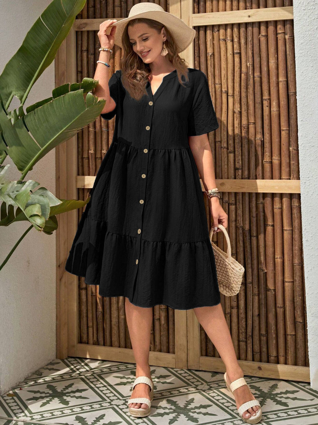 Plus-Size Button-Front V‑Neck Midi Dress by FitiqueFit