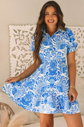 Sky Blue Retro Floral Print Drawstring Waist Ruffled Mini Dress by Dear-Lover Dropshipping