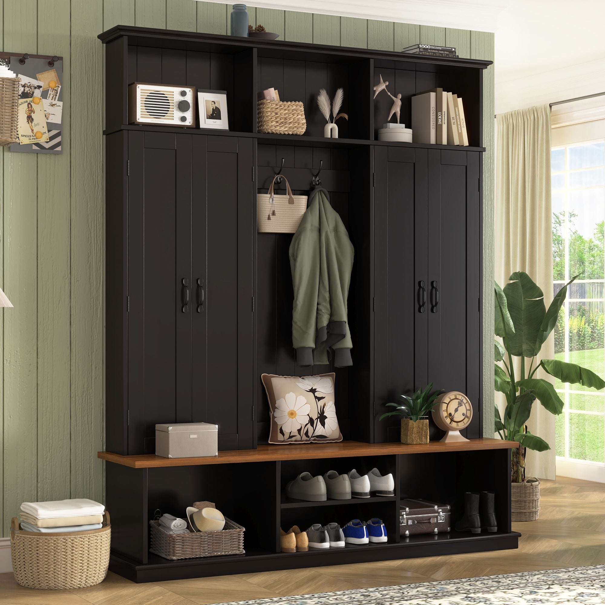 Entryway Hall Tree With Bench, 3 Top Cubbies & Bottom Storage Space by Unique Piece Furniture