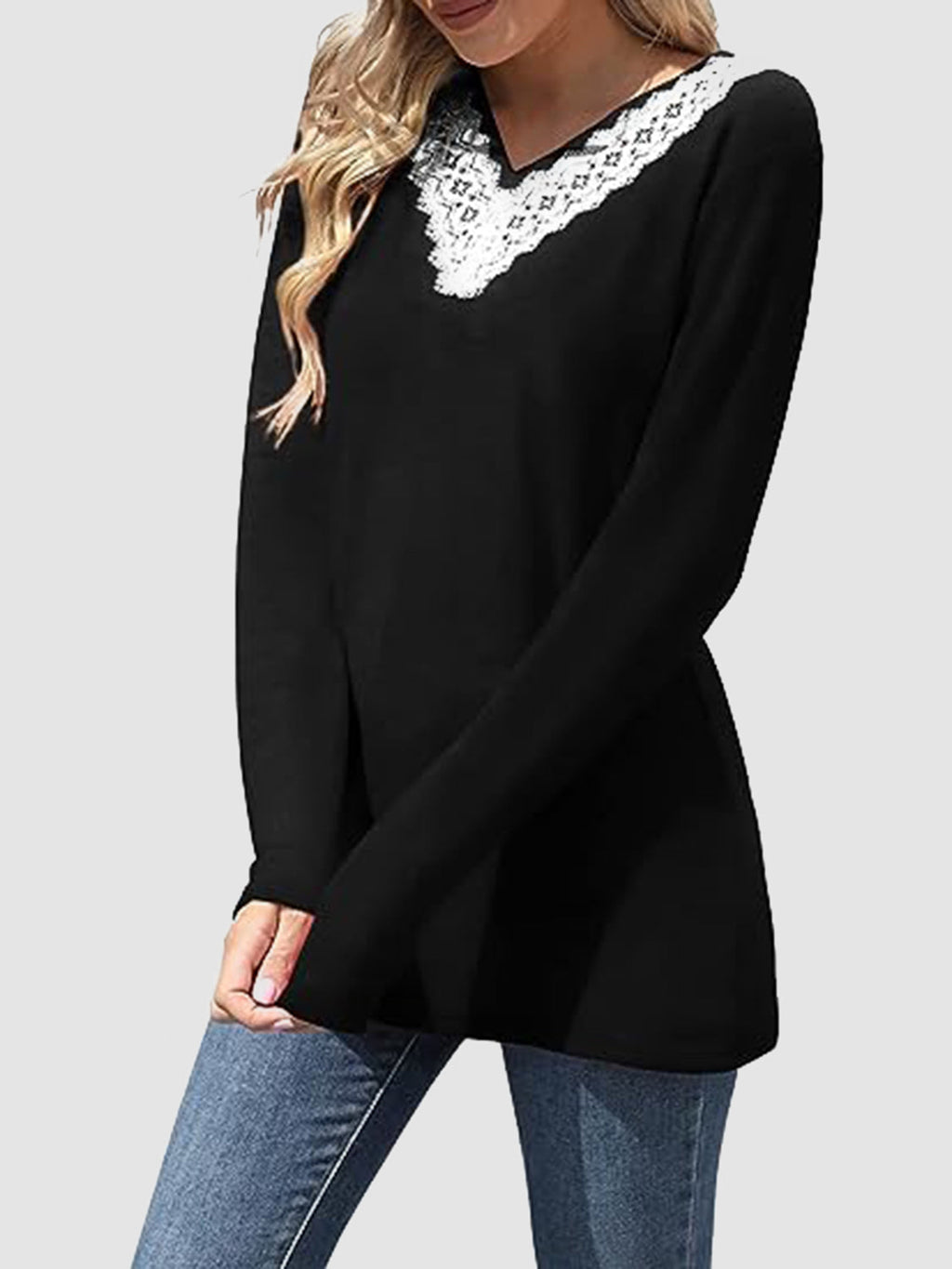Lace Detail V-Neck Long Sleeve T-Shirt by Wild and Free Boutique