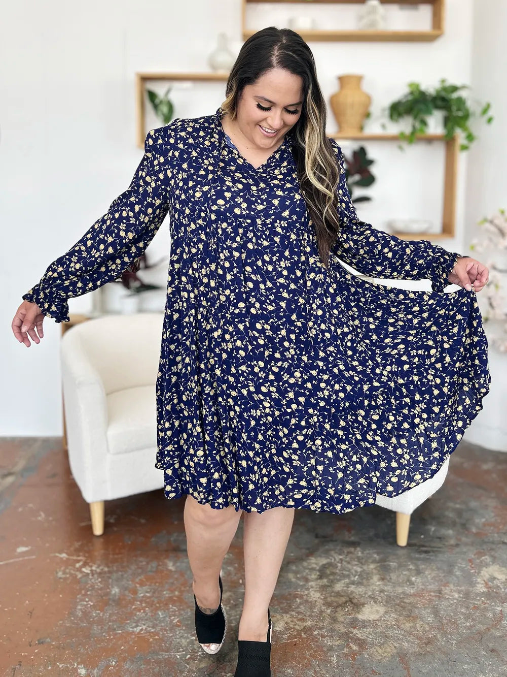Double Take Full Size Printed Ruffle Hem Long Sleeve Tiered Dress by Wild and Free Boutique