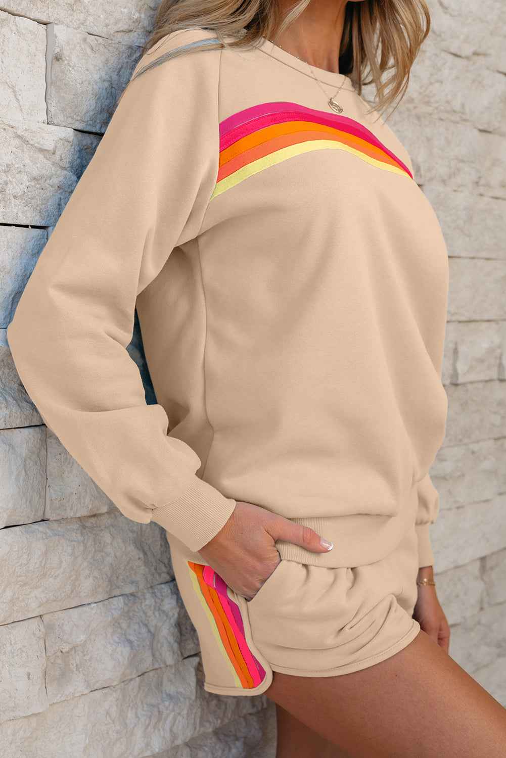 Apricot Striped Accent Pullover and Shorts Two Piece Casual Set by Dear-Lover Dropshipping