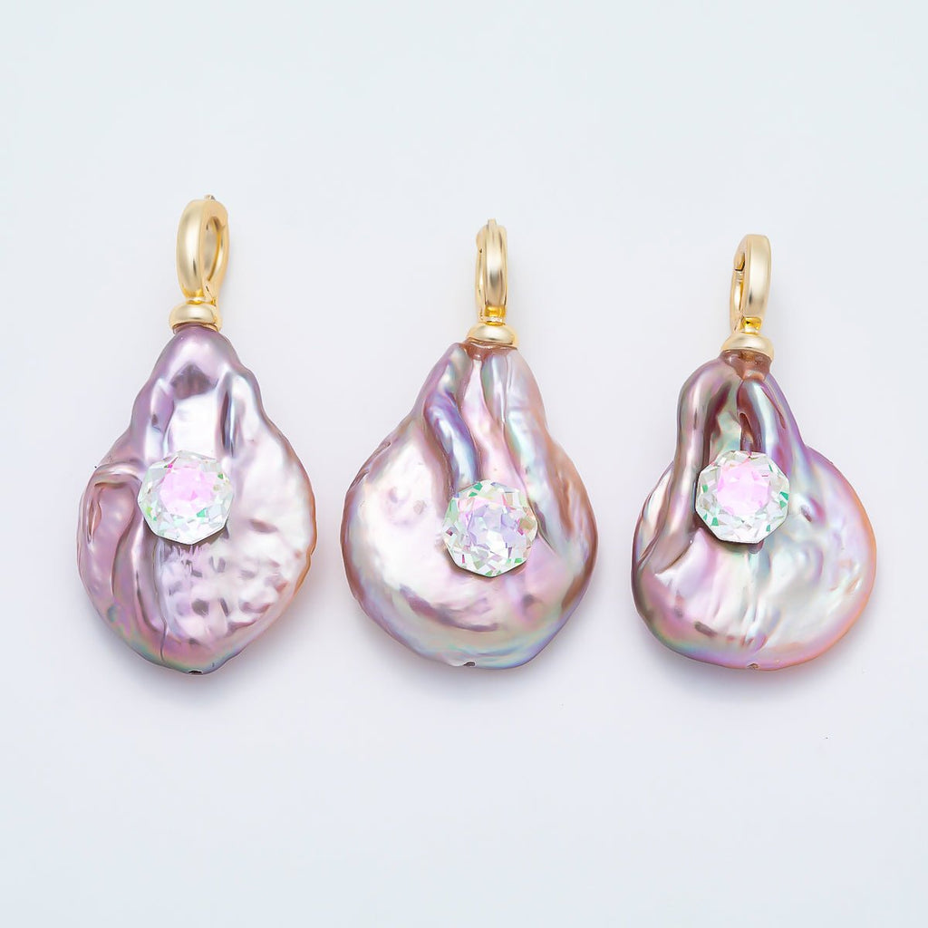 18K Gold Filled 30mm Iridescent CZ Purple Baroque Freshwater Pearl Pendant | Charms-01570 by DLUXCA